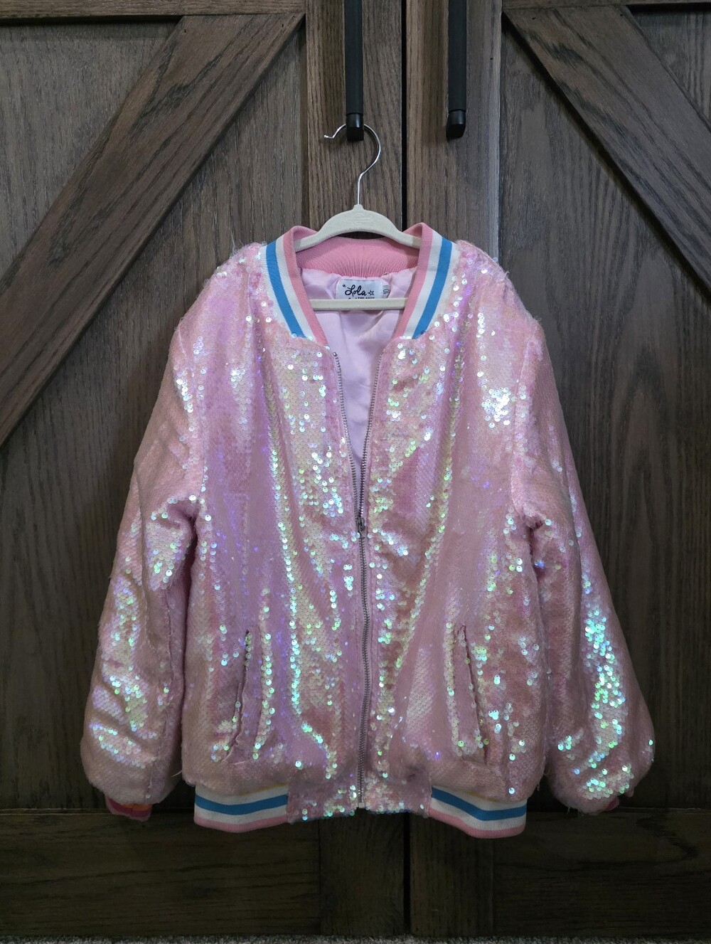 Lola + The Boys Pink Iridescent Sequin Bomber Jacket with Blue & White Trim